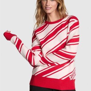 Victoria’s Secret PINK knit crewneck sweater, white shell candy cane size M